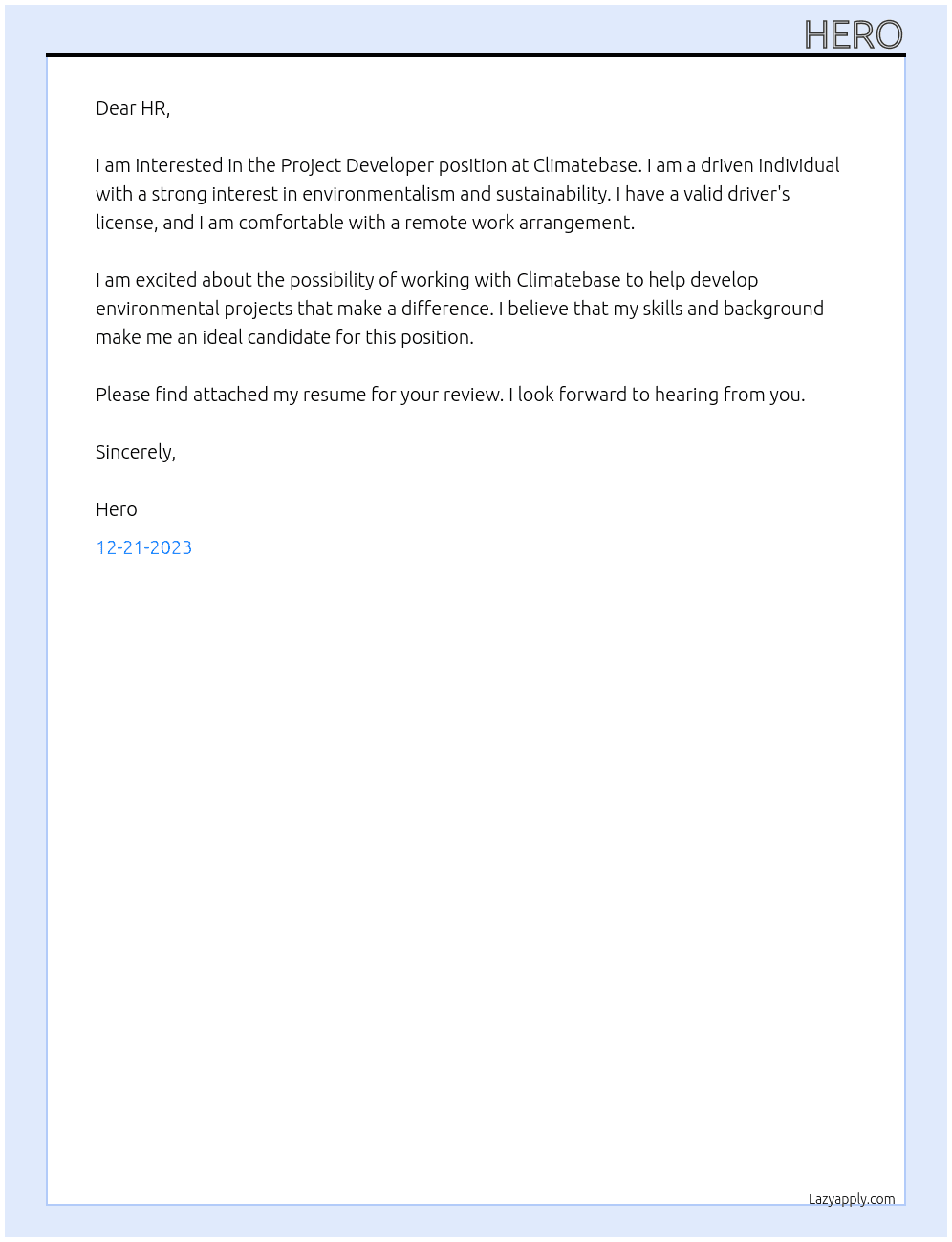 Project Developer At Climatebase Cover Letter