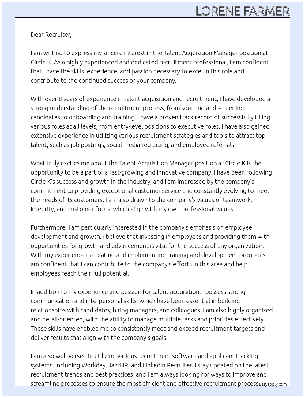 Talent Acquisition Manager At Circle K Cover Letter