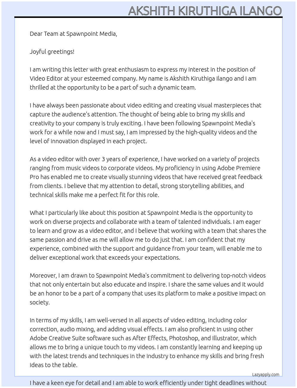 Video Editor At Spawnpoint Media Cover Letter