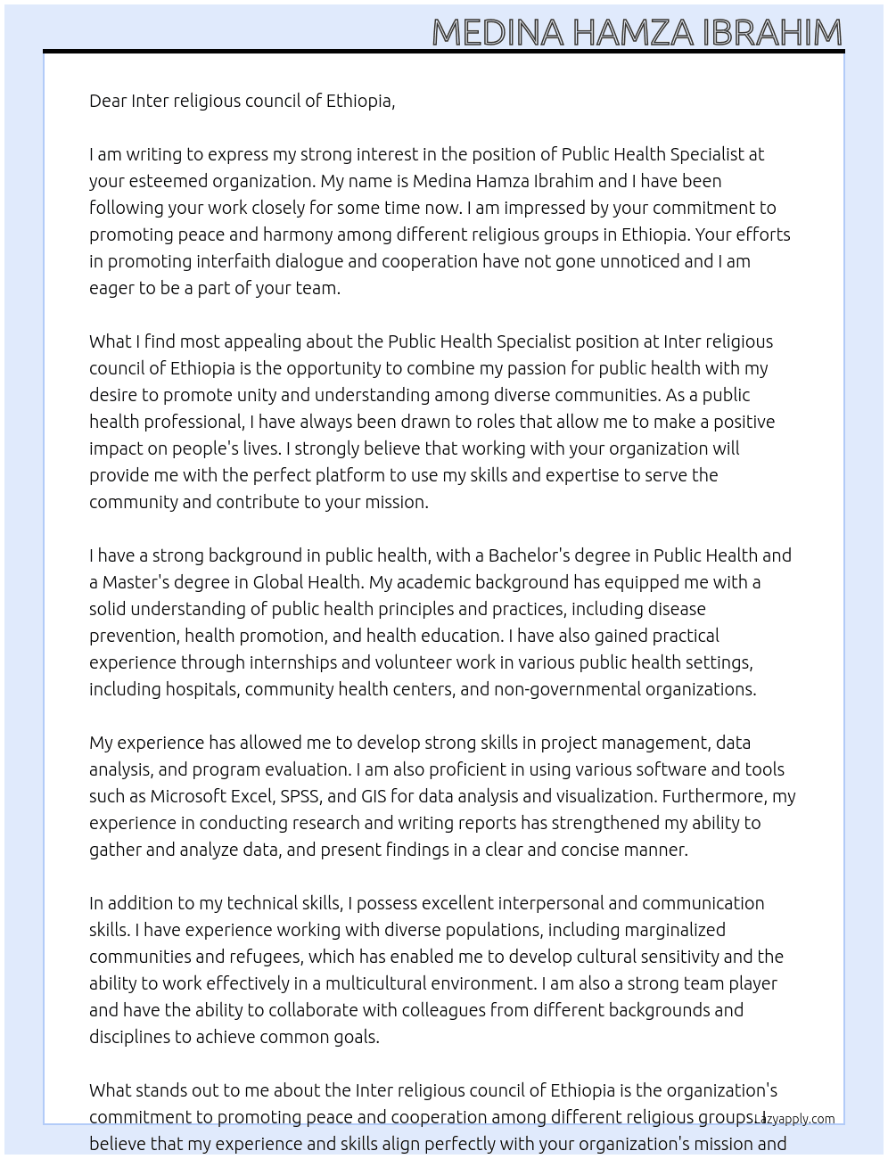 Public Health Specialits At Inter religious council of Ethiopia Cover Letter