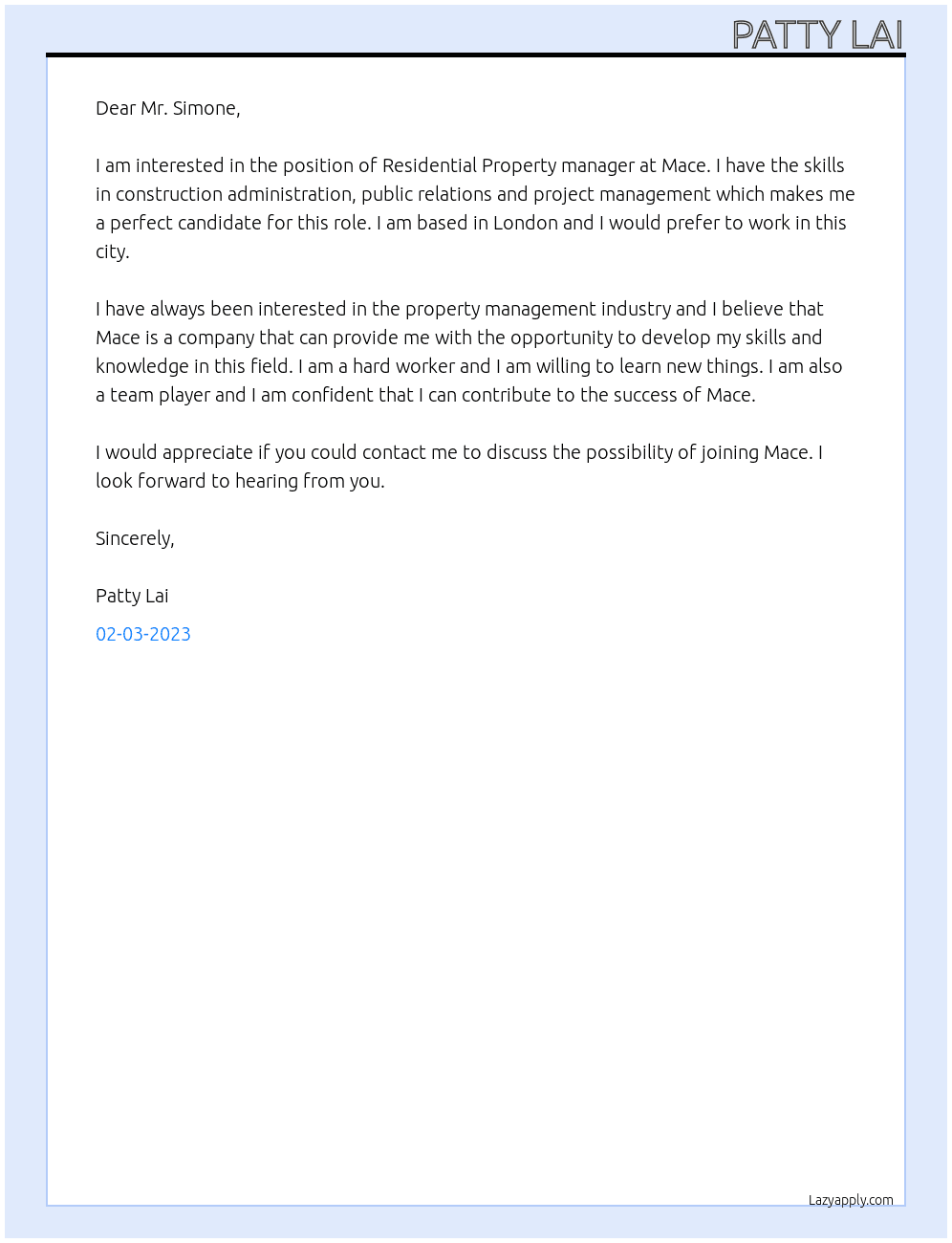 Residential Property manager At Mace Cover Letter