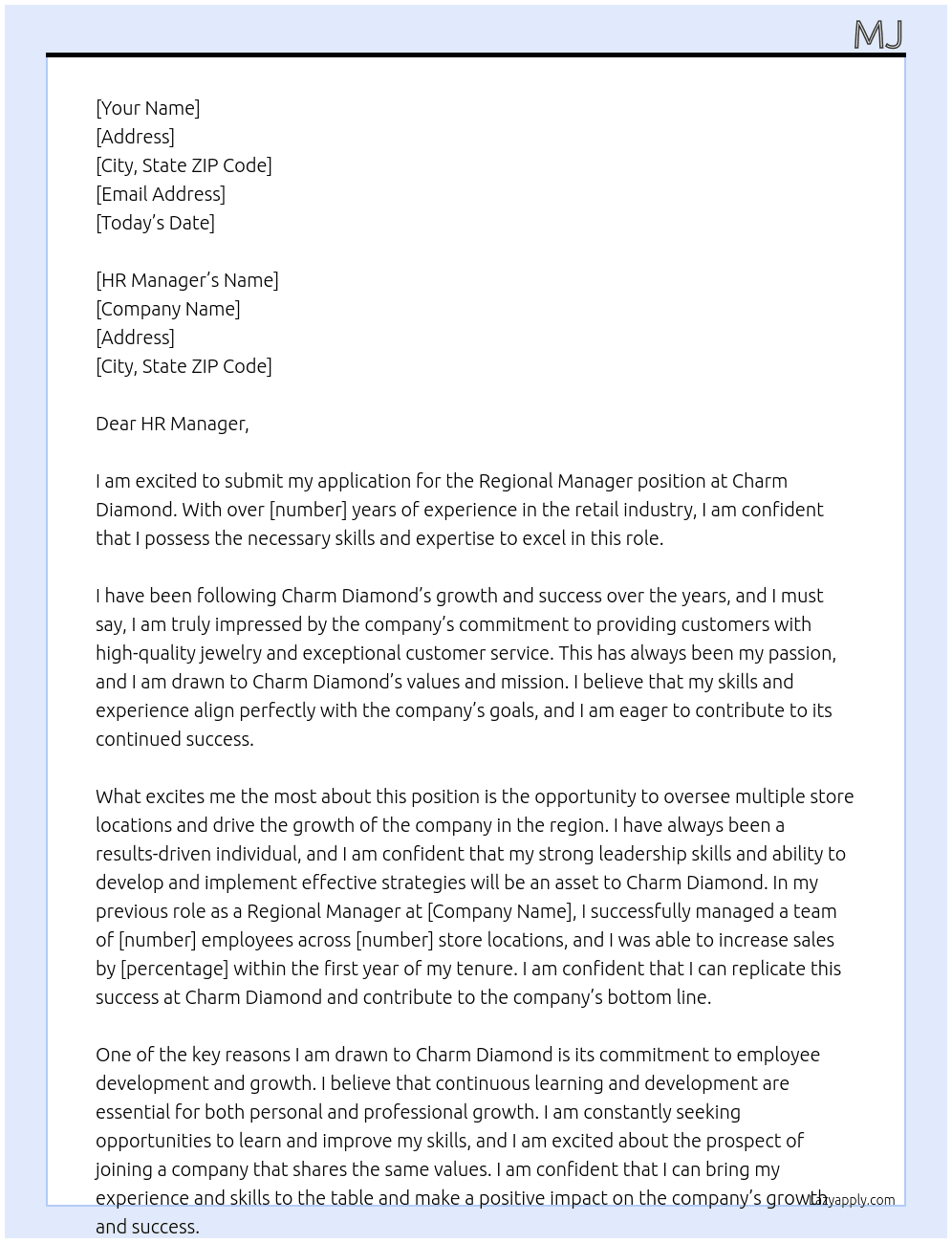 Regional Manager  At Charm Diamond  Cover Letter