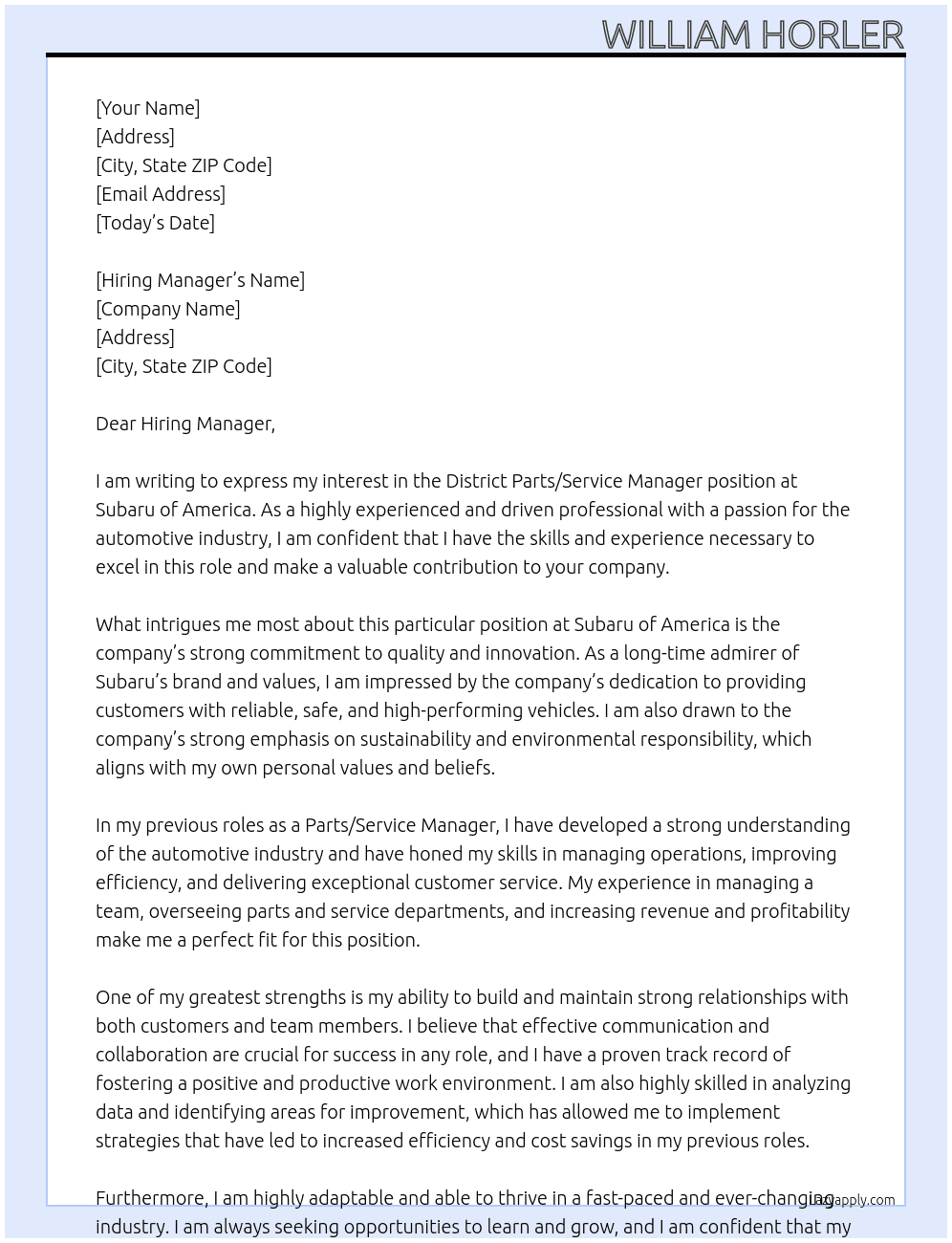 District Parts/Service Manager At Subaru of America Cover Letter