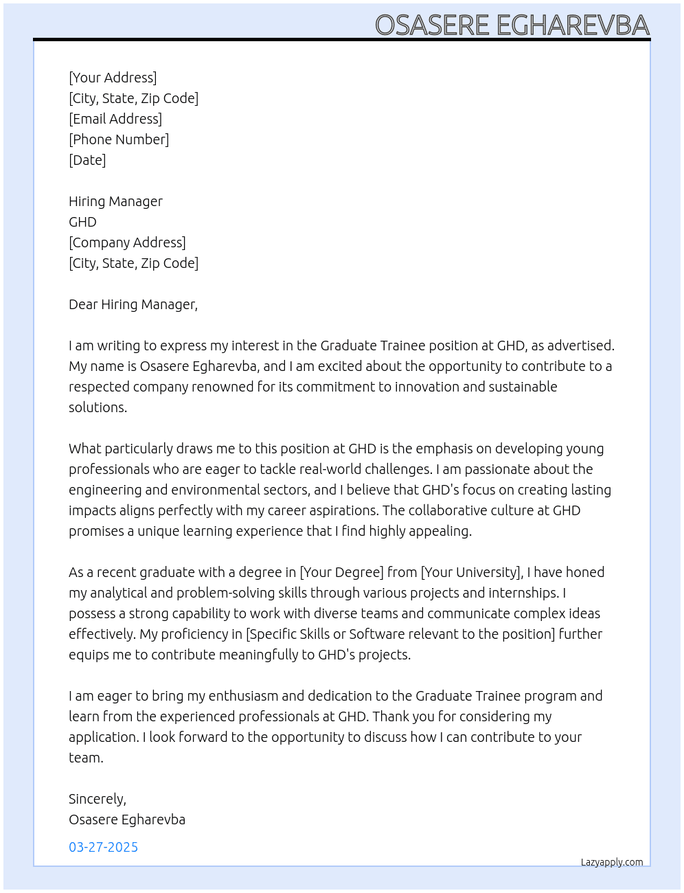 Graduate Trainee At GHD Cover Letter