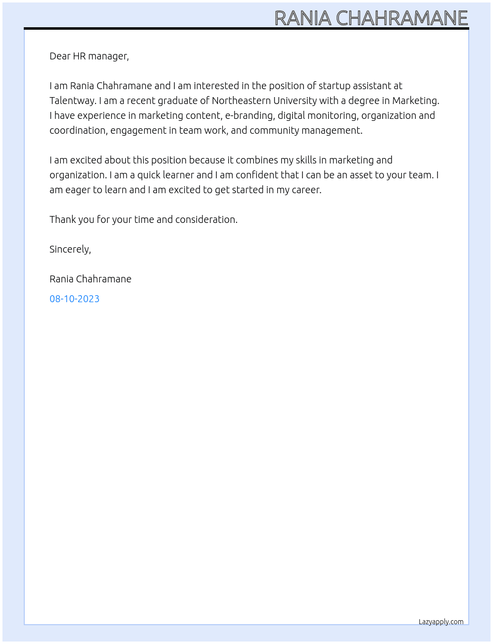 startup assistant At Talentway Cover Letter