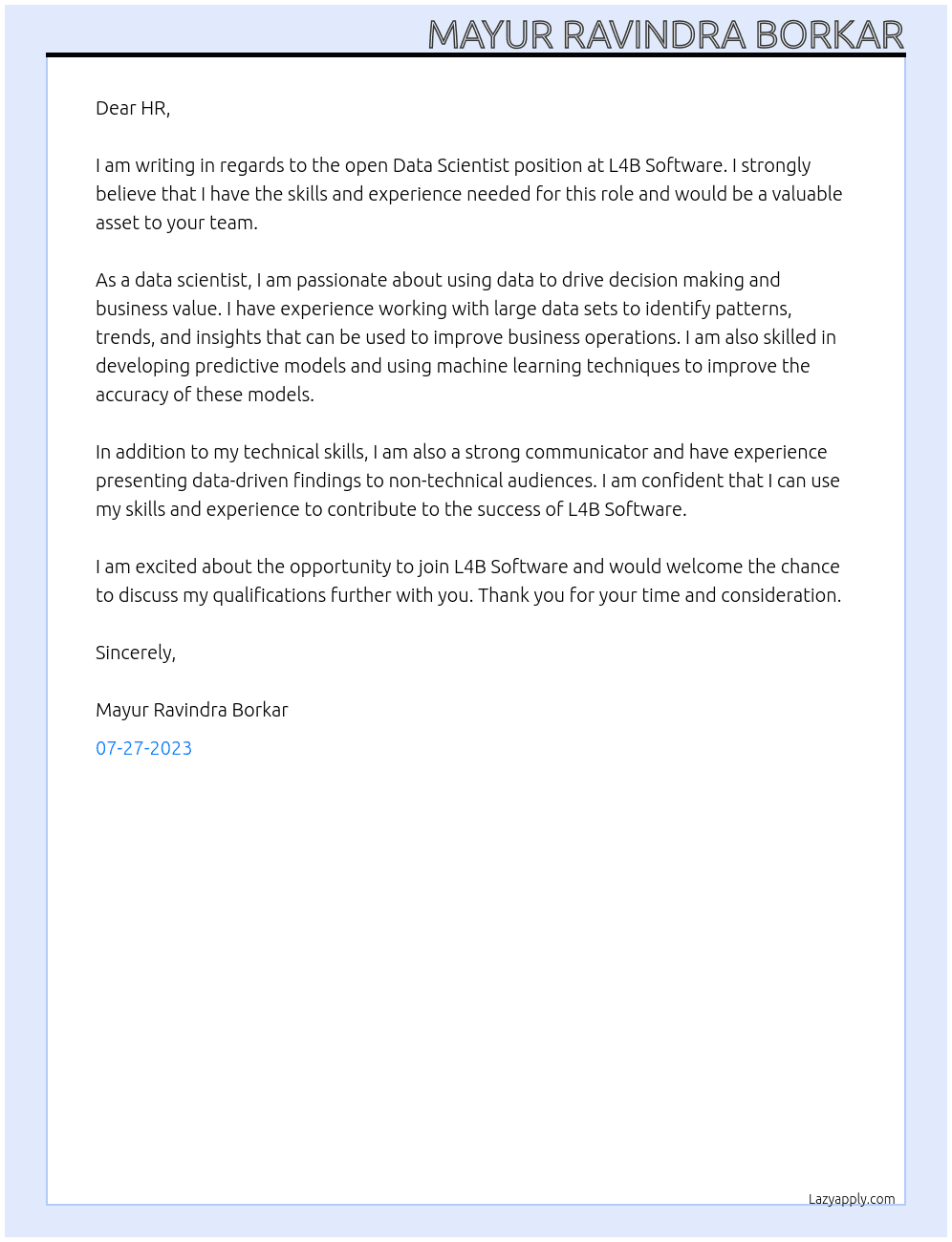 Data Scientist At L4B Software Cover Letter