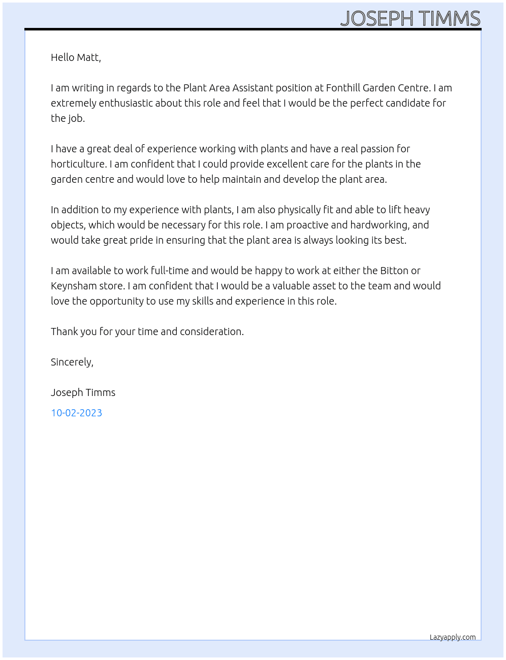 Plant Area Assistant At Fonthill Garden centre Cover Letter