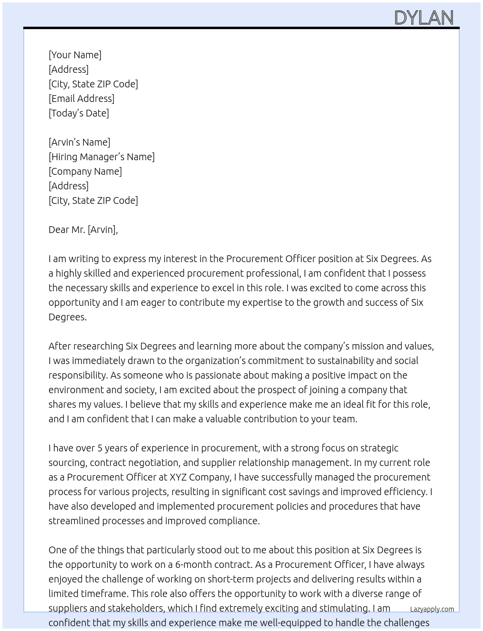 Procurement Officer At Six Degrees Cover Letter