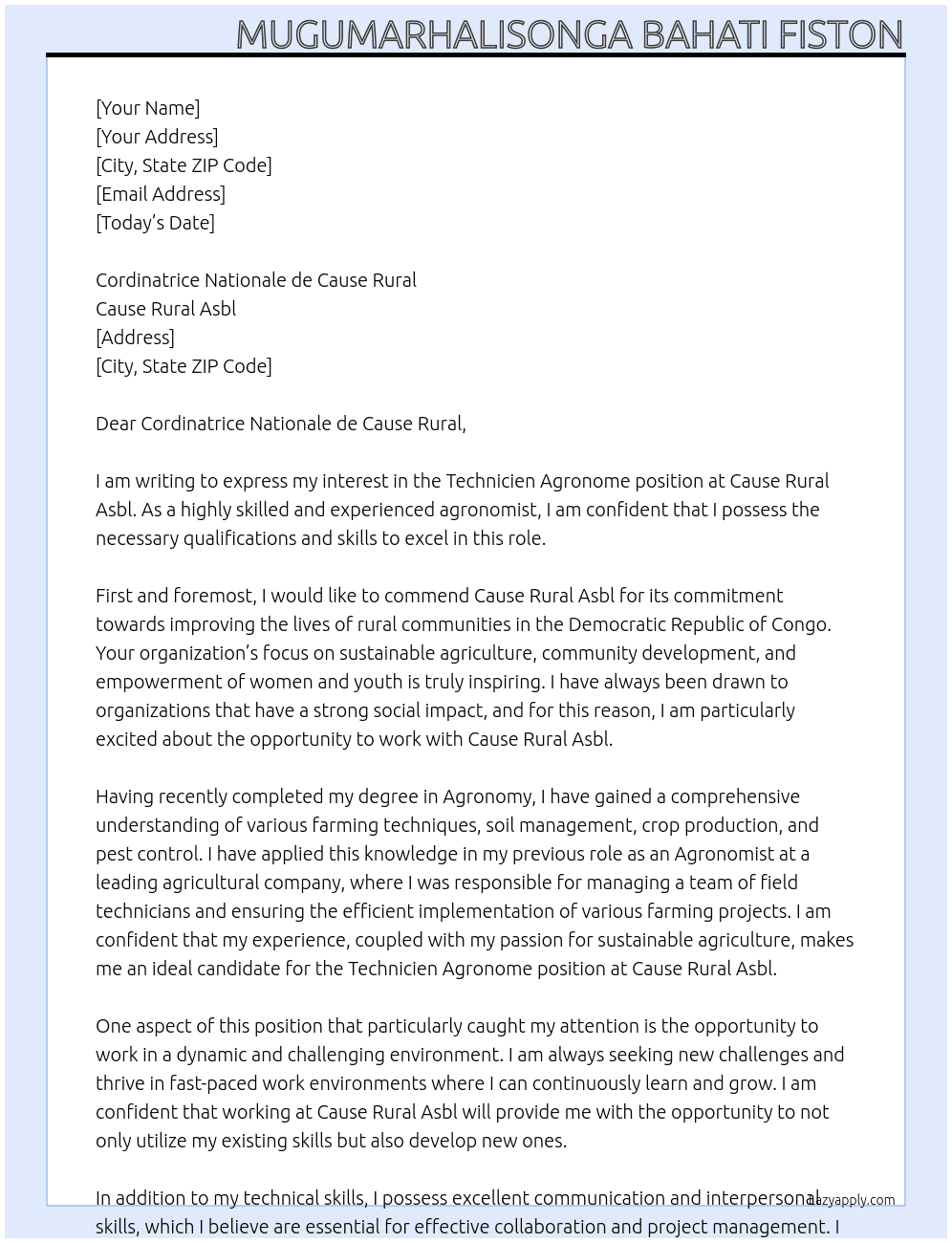Technicien agronome At Cause Rural Asbl Cover Letter