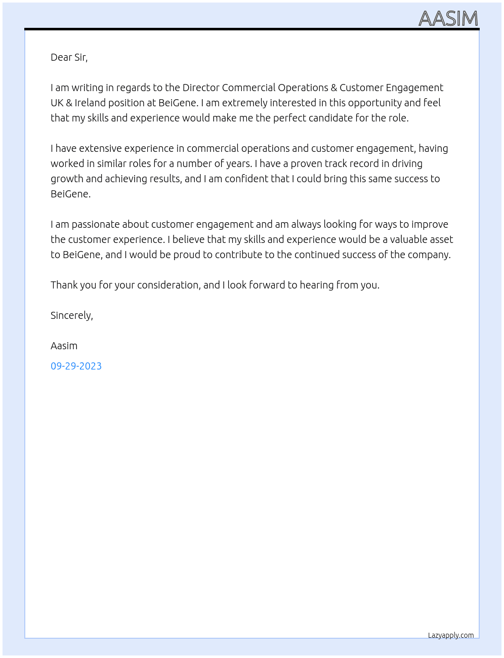 Director Commercial Operations & Customer Engagement UK & Ireland At BeiGene Cover Letter