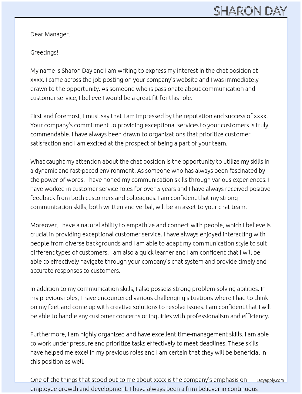 chat  At xxxx Cover Letter