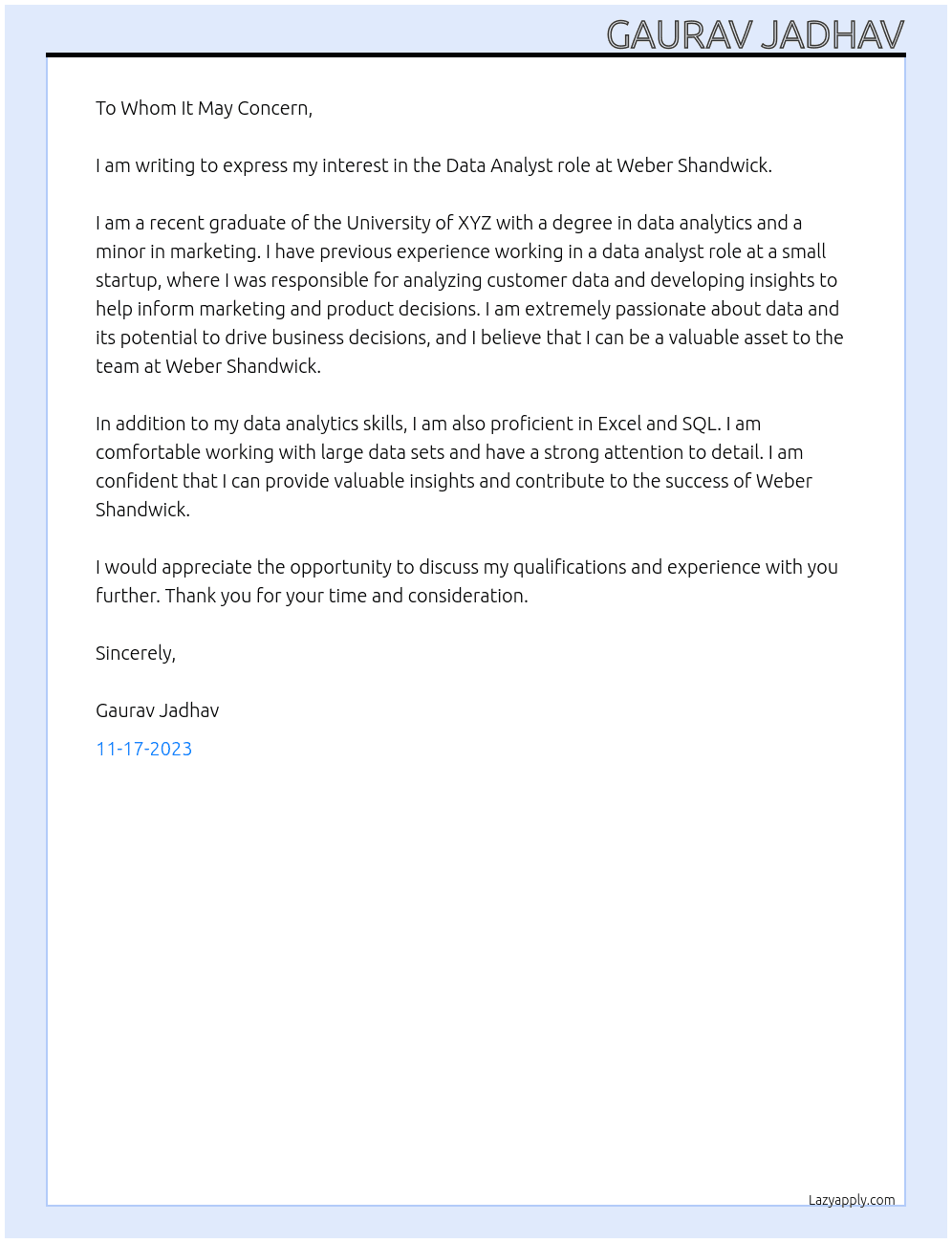 data analyst At weber shandwick Cover Letter