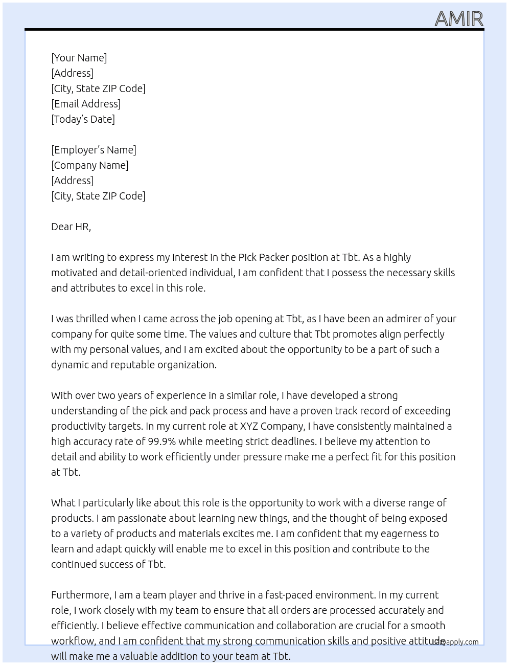 Pick packer At Tbt Cover Letter