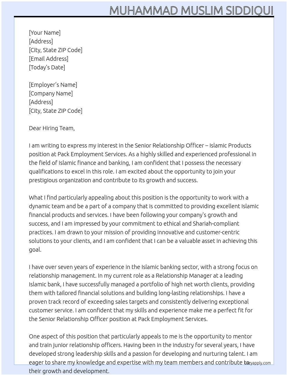 Senior Relationship Officer– Islamic Products At Pack Employment Services Cover Letter