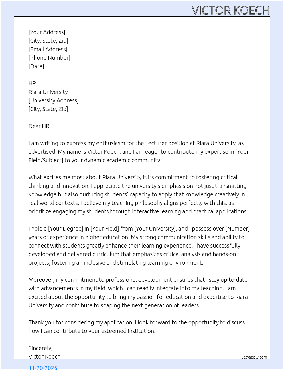 LECTURER At RIARA UNIVERSITY Cover Letter