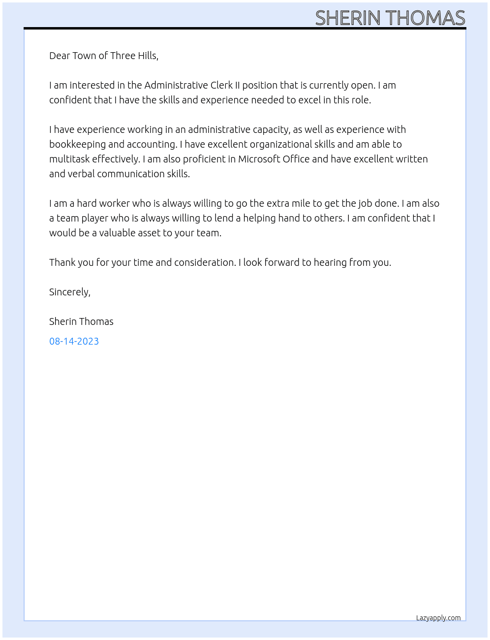 Administrative Clerk II At Town of Three Hills, Three Hills, AB Cover Letter