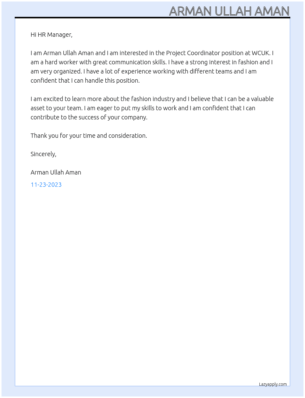 Project Coordinator At WCUK Cover Letter