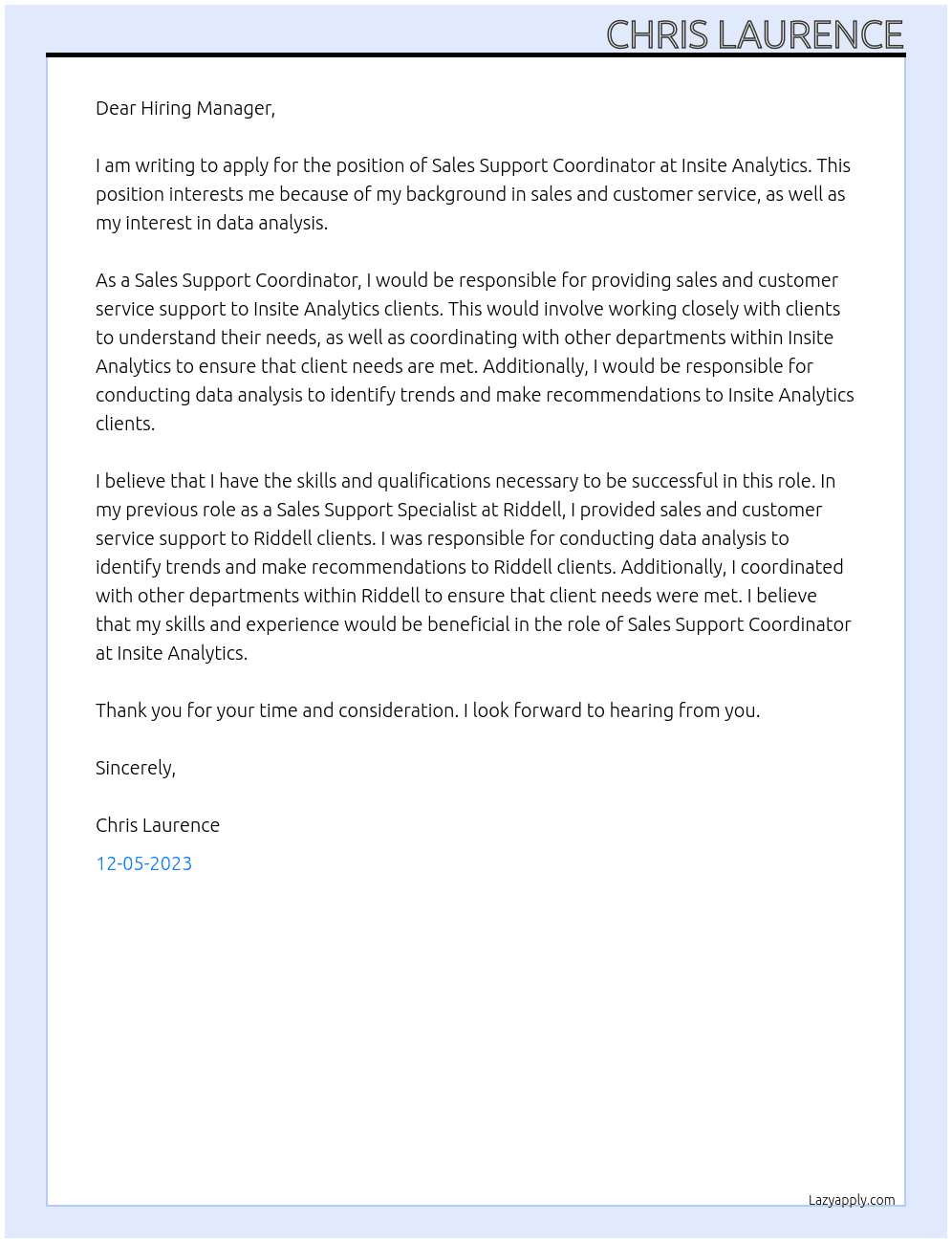 Sales Support Coordinator - Insite Analytics At Riddell Cover Letter