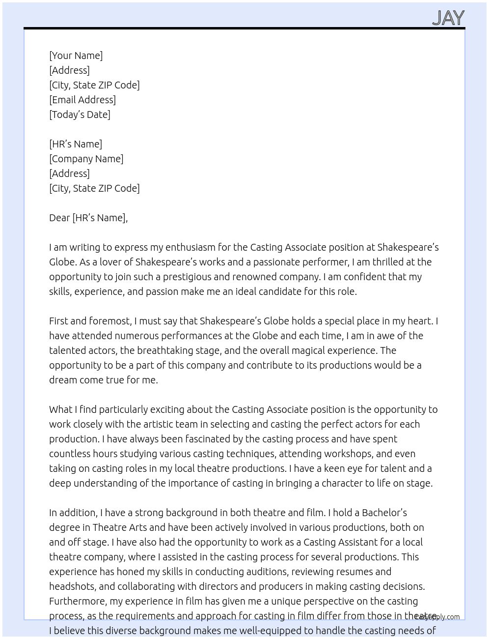 Casting associate At Shakespeares Globe Cover Letter