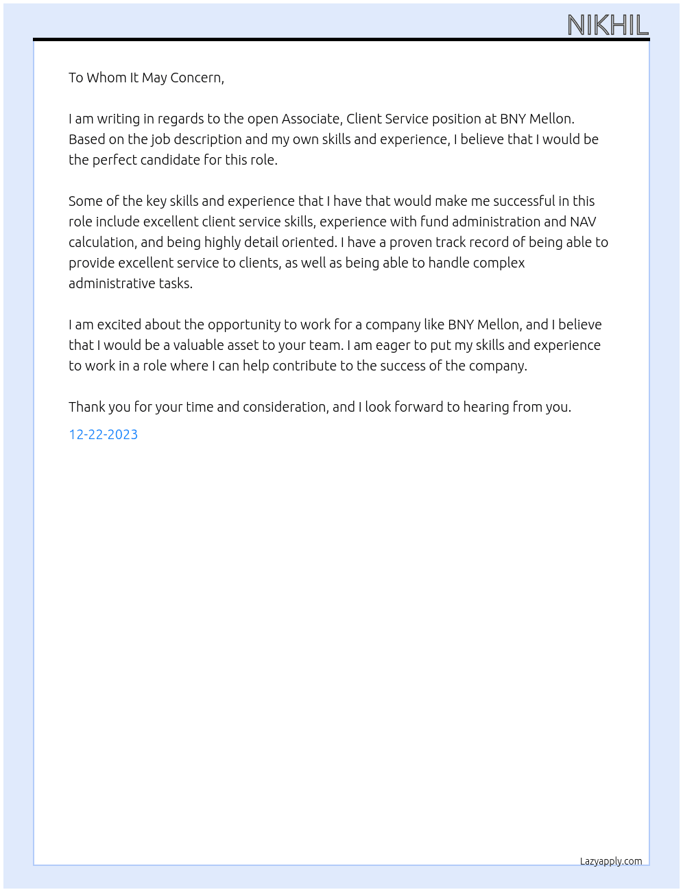 Associate, Client Service  At BNY Mellon  Cover Letter