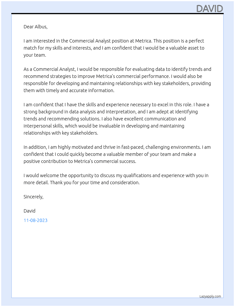 Commercial Analyst At Metrica Cover Letter