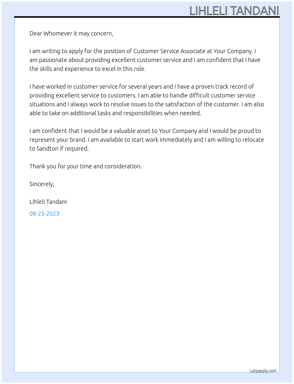 Customer Service Associate  At Your Company  Cover Letter