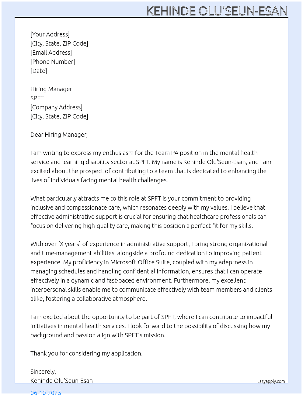 Team PA in mental health service and learning disability At SPFT Cover Letter