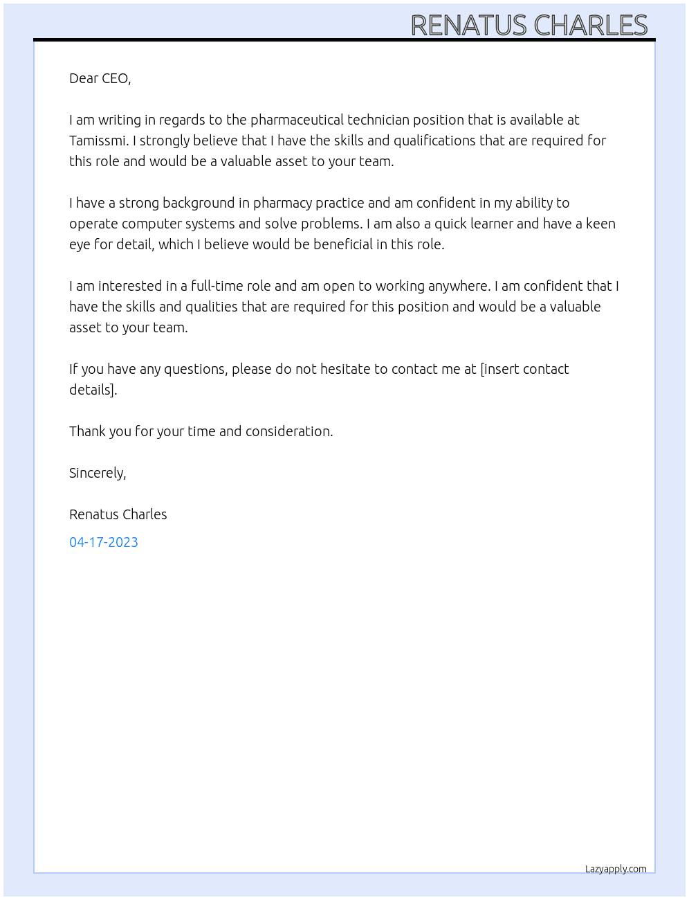 Pharmaceutical technician At Tamissmi  Cover Letter