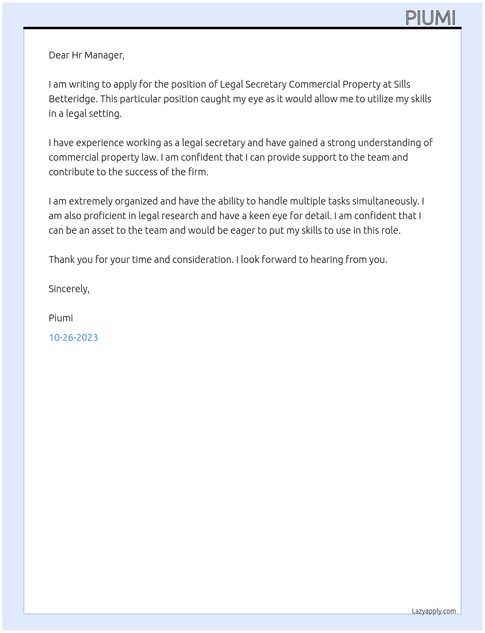 Legal Secretary Commercial Property  At Sills Betteridge Cover Letter