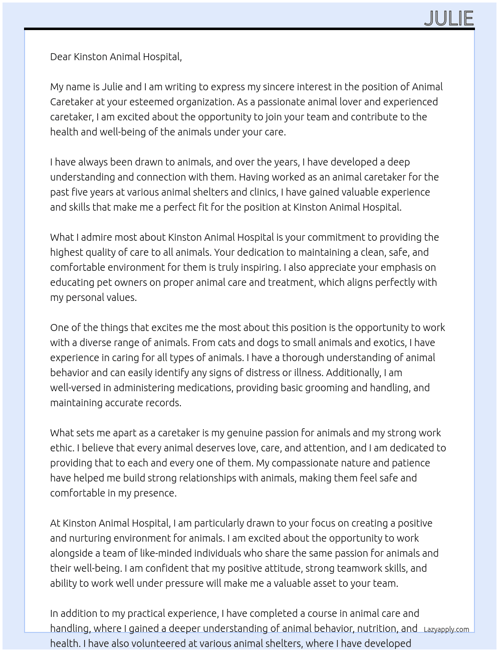 Animal caretaker  At Kinston Animal hospital Cover Letter