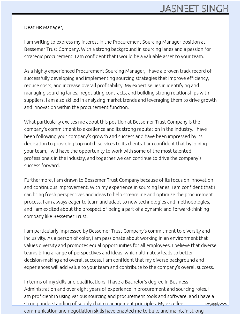 Procurement Sourcing Manager At Bessemer Trust Company Cover Letter