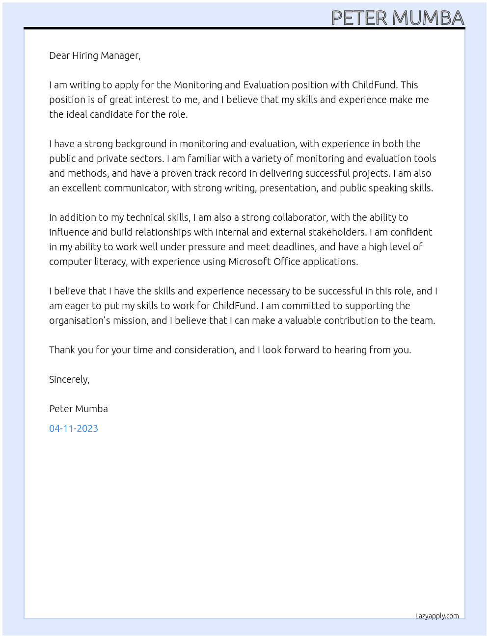Monitoring and Evaluation  At CHildFund Cover Letter
