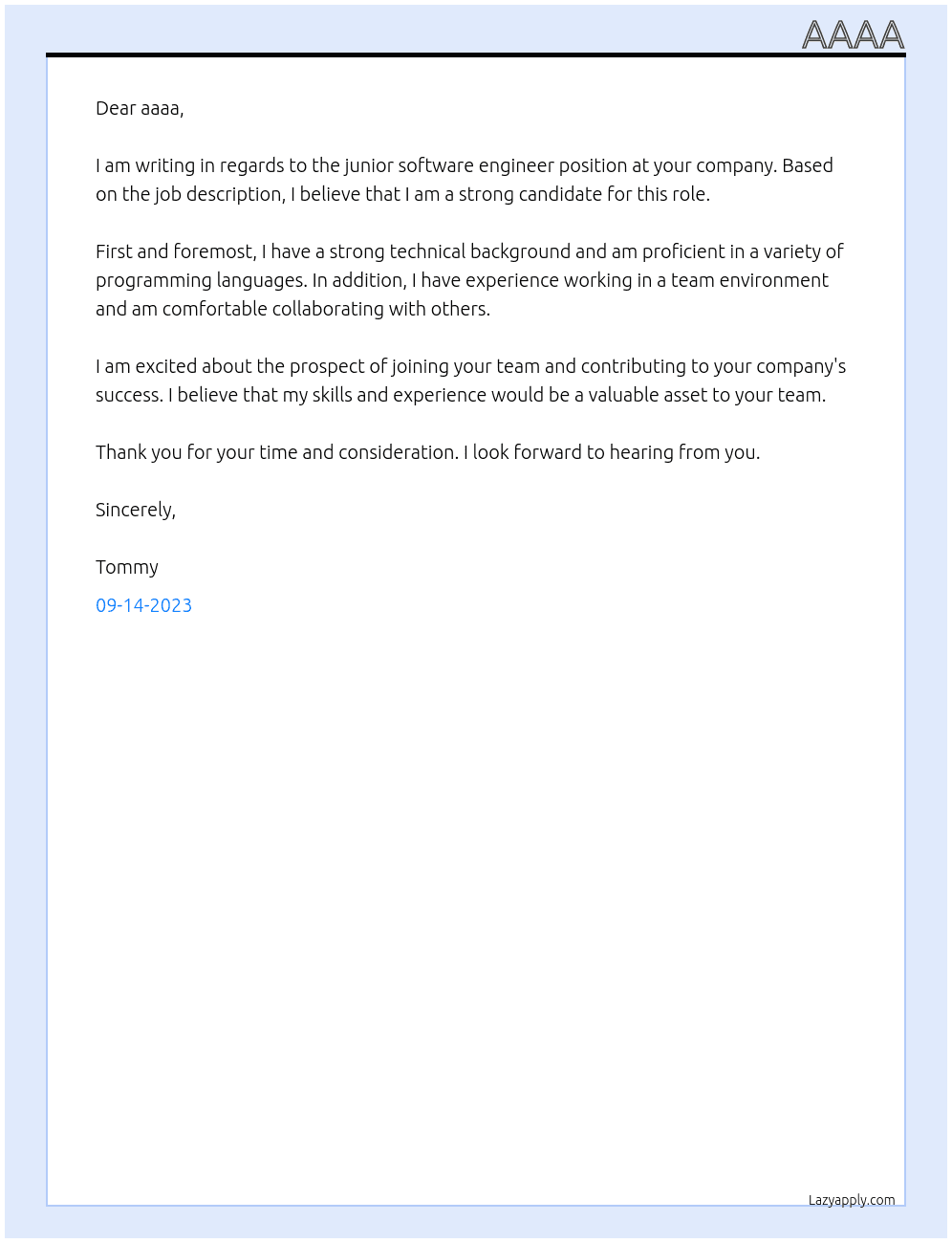junior software engineer At aaaa Cover Letter