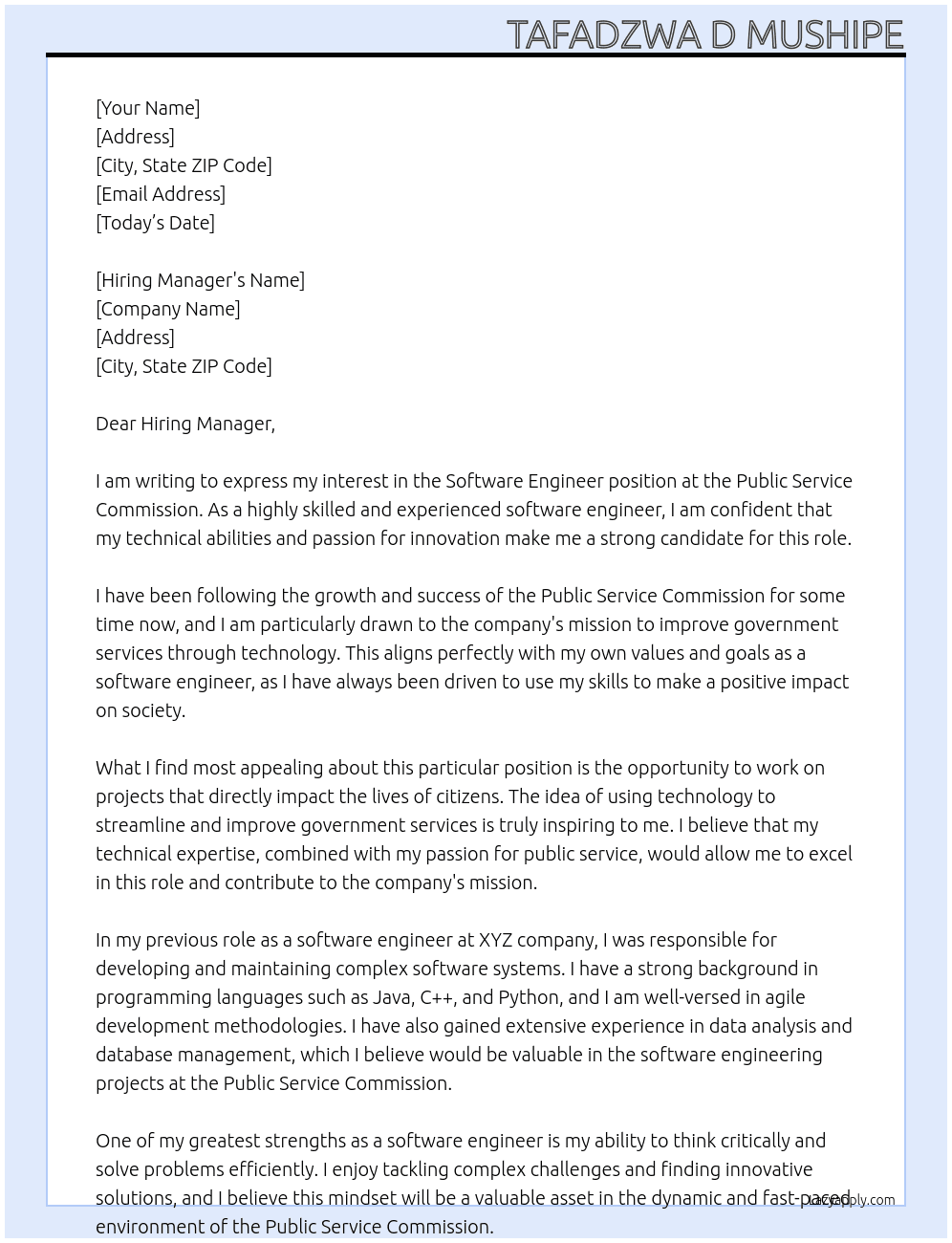 Software Engineer At Public Service Commission Cover Letter