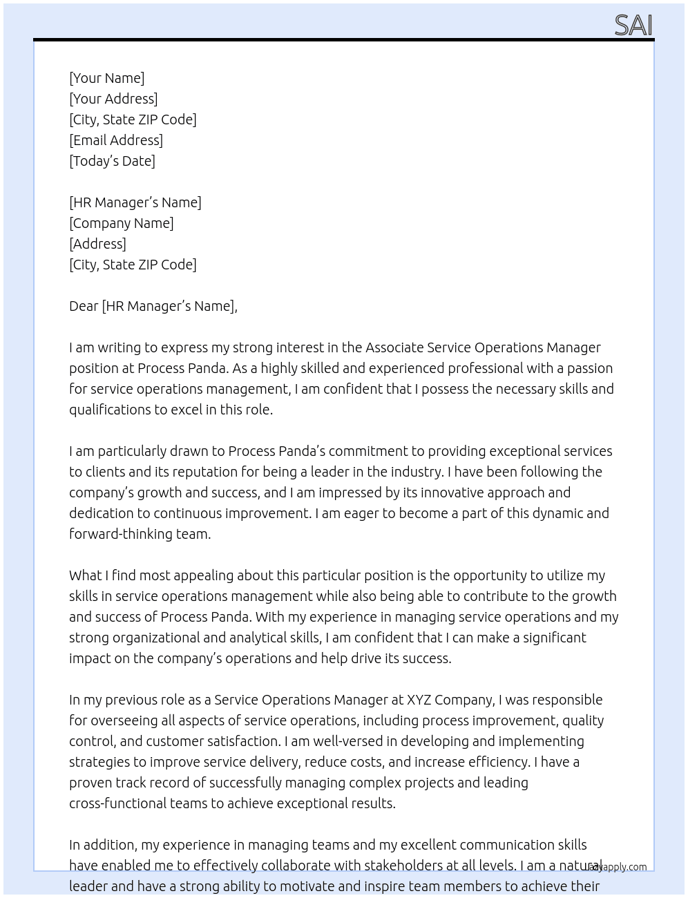 Associate Service Operations Manager At Process Panda Cover Letter