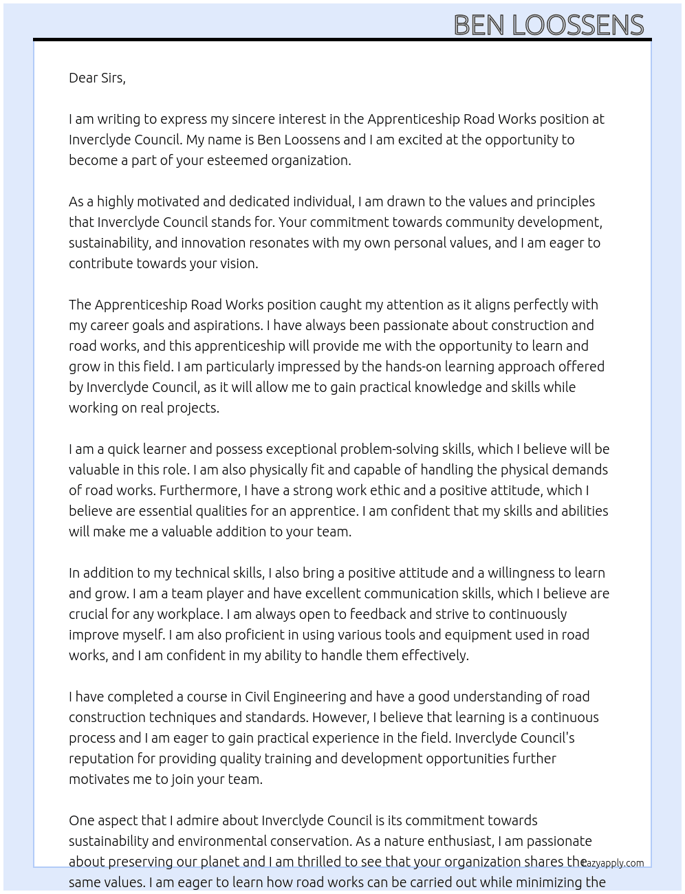 Apprenticeship Road Works At Inverclyde Council  Cover Letter