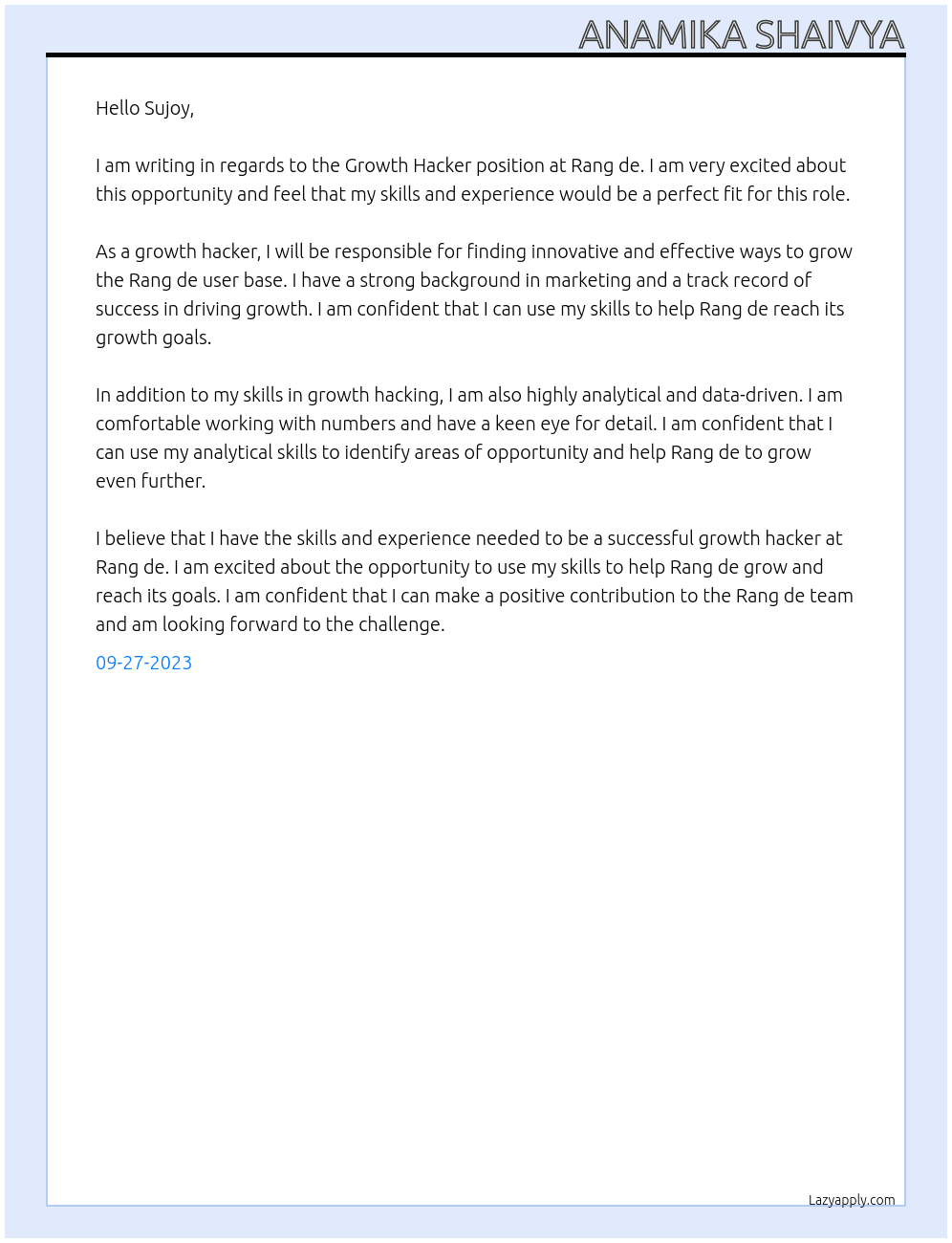 Growth Hacker  At Rang de  Cover Letter