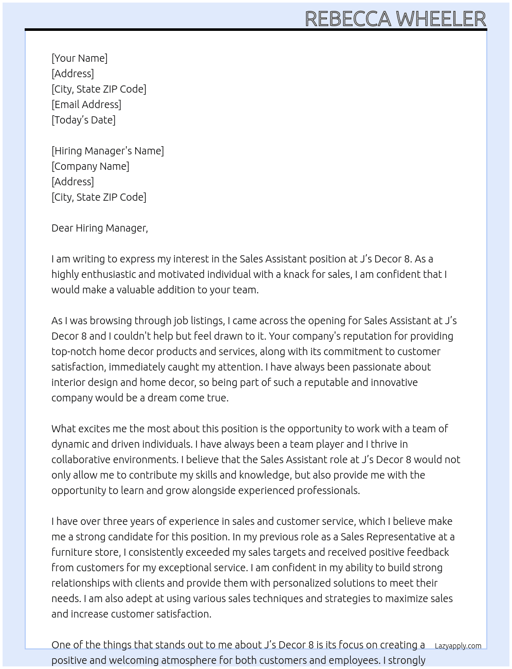Sales Assistant At J’s decor 8 Cover Letter