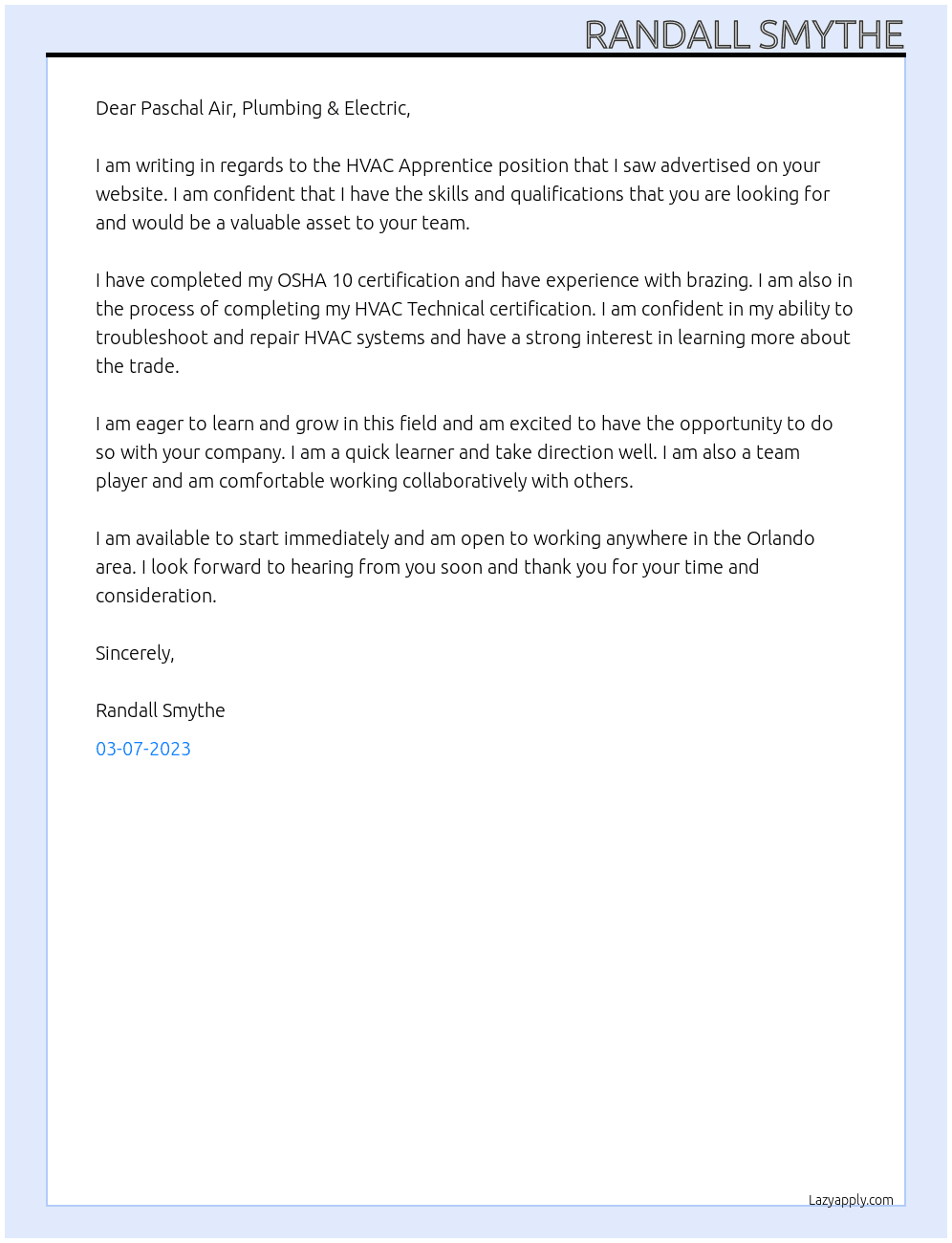 hvac apprentice At Paschal Air,Plumbing & electric  Cover Letter