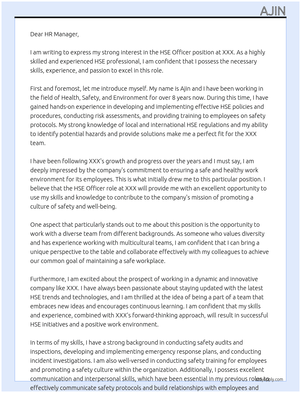 HSE Officer At XXX Cover Letter