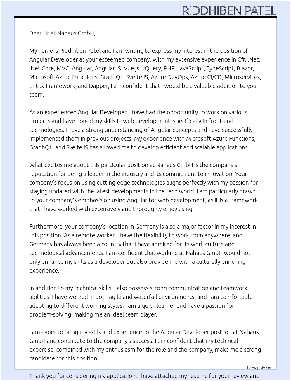 ANGULAR DEVELOPER At Nahaus GmbH Cover Letter