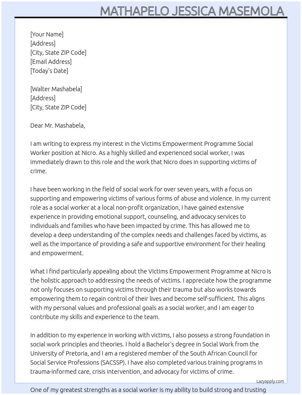 Victims empowerment programme social Worker  At Nicro  Cover Letter