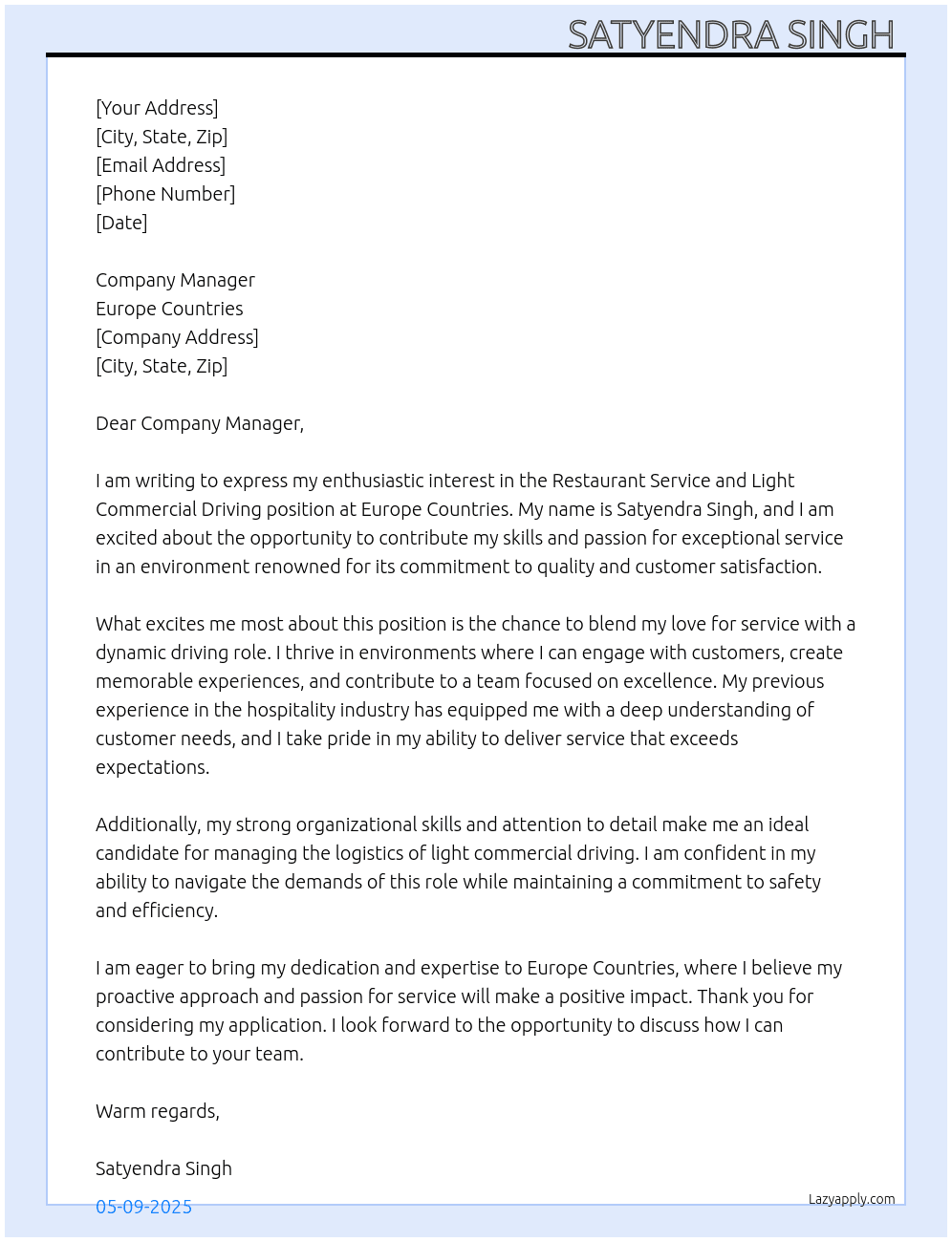 Cover letter for restaurants service or light commercial driving - LazyApply