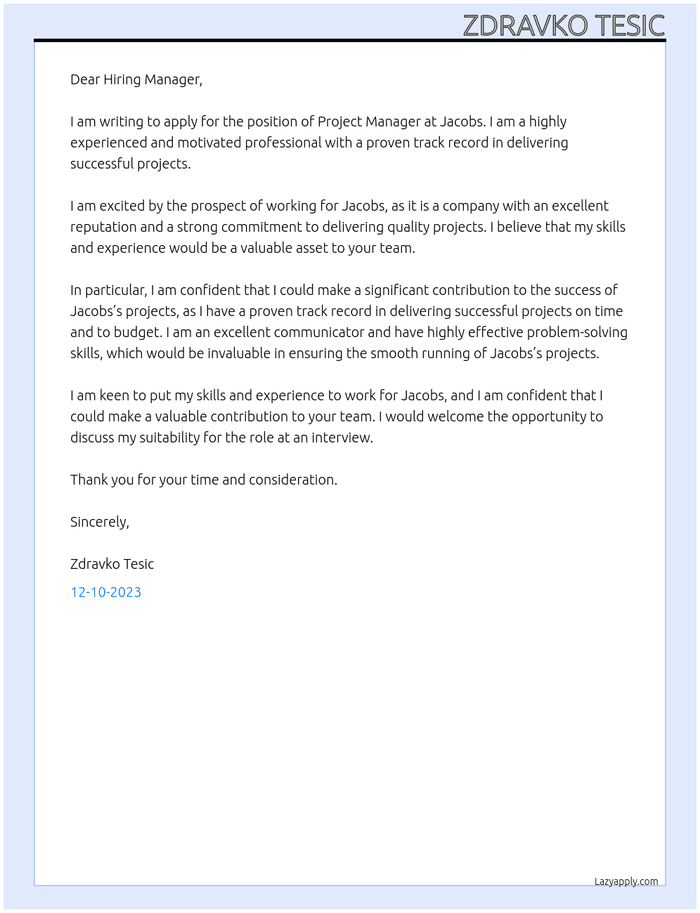 Project Mnager At Jacobs Cover Letter
