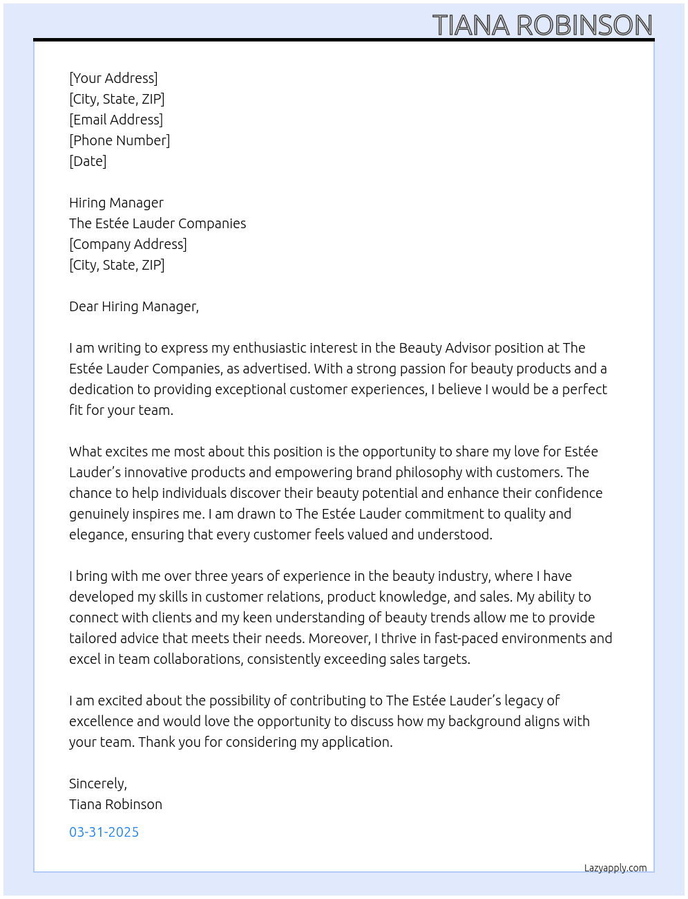 Beauty Advisor At  The Estée Lauder Cover Letter