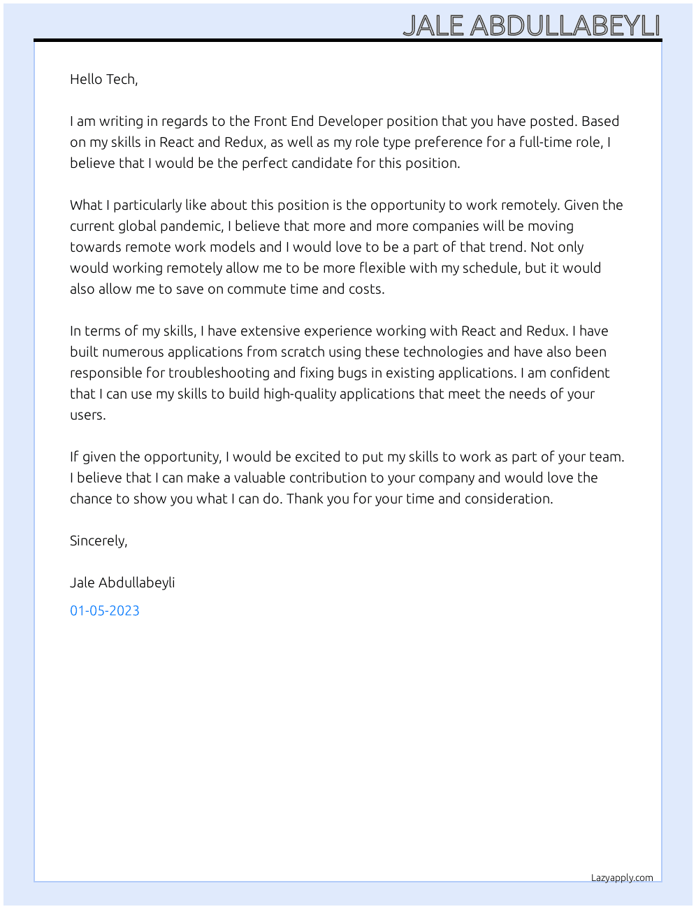 Front end developer At Tech Cover Letter