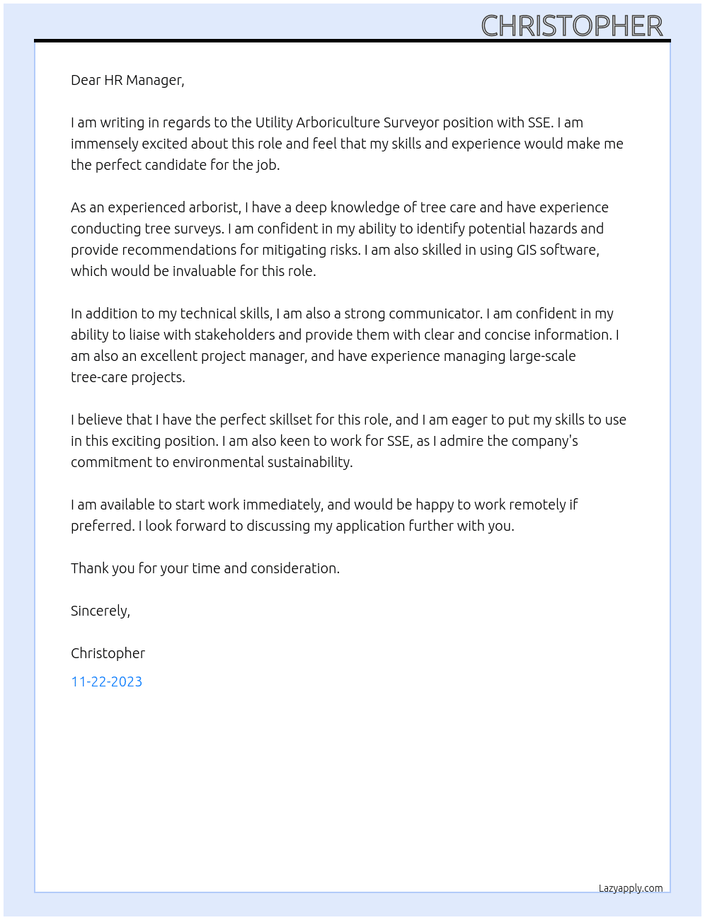 Utility Arboriculture Surveyor At SSE Cover Letter