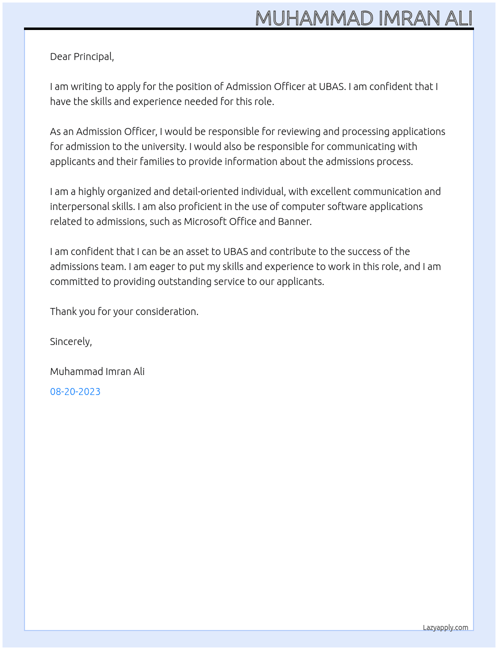 Admission officer At UBAS Cover Letter