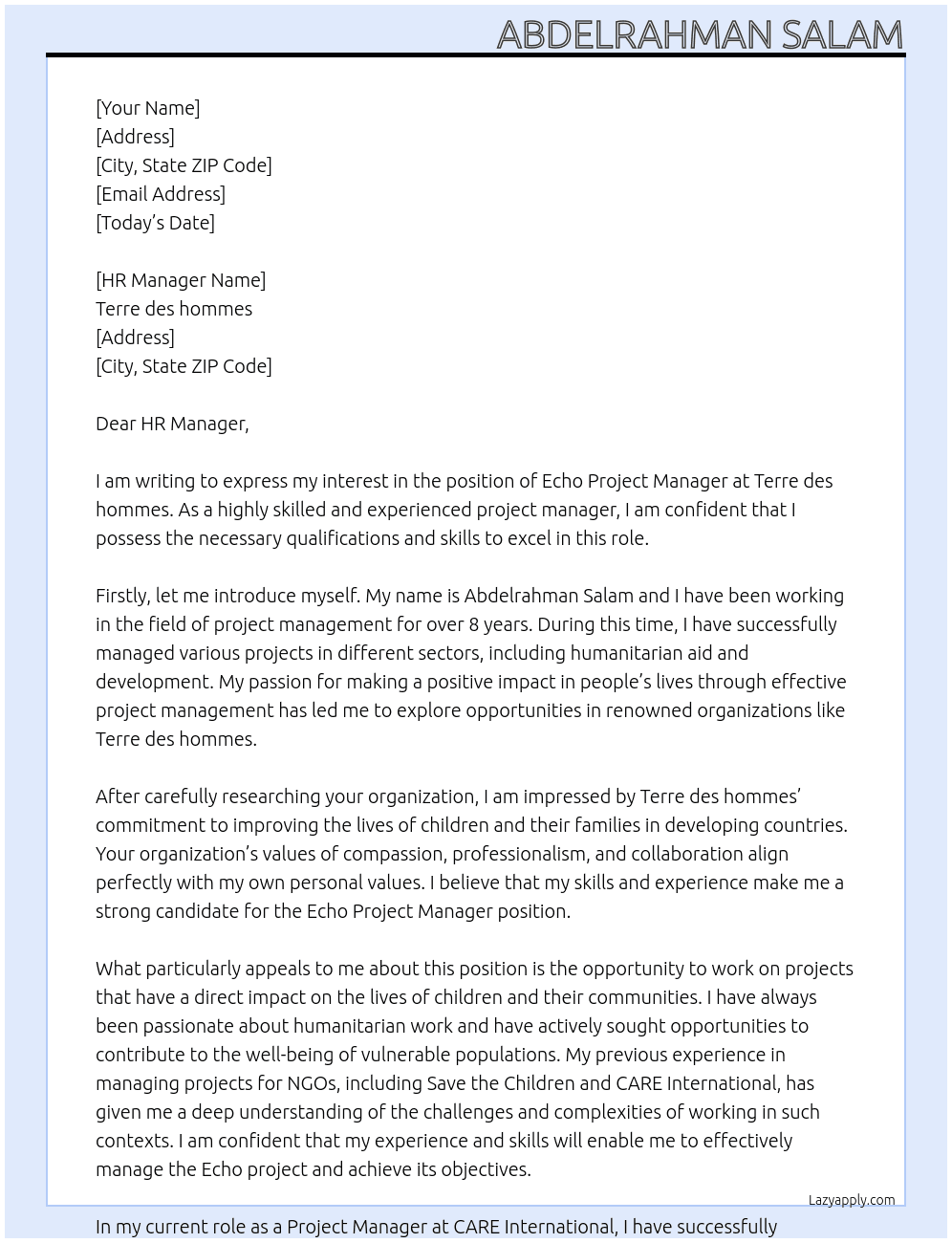 Echo Project Manager At Terre des hommes - Switzerland  Cover Letter