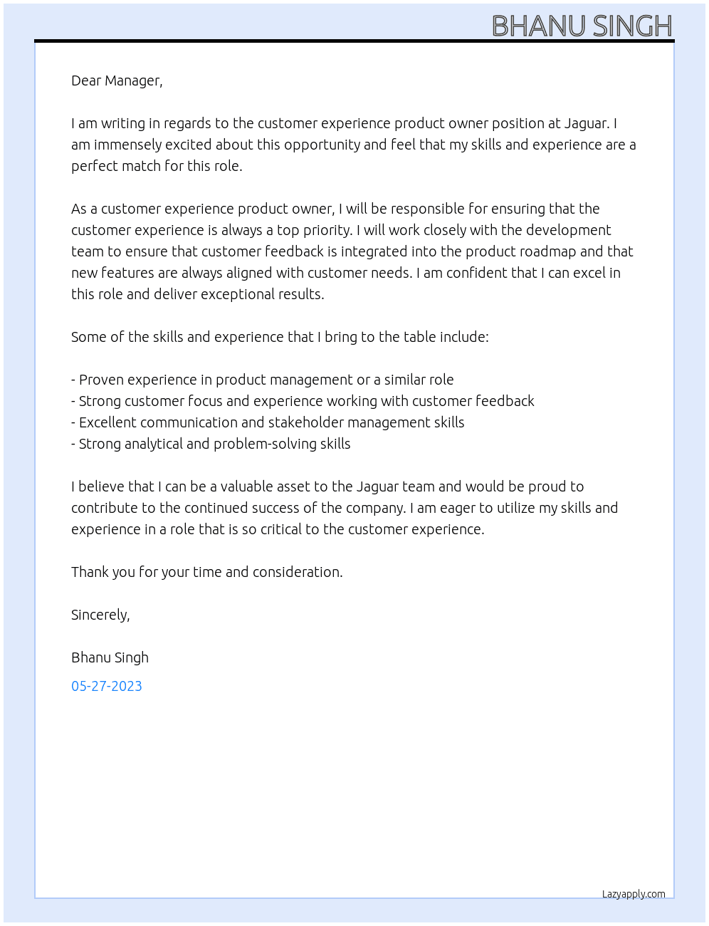 customer experience product owner At Jaguar Cover Letter